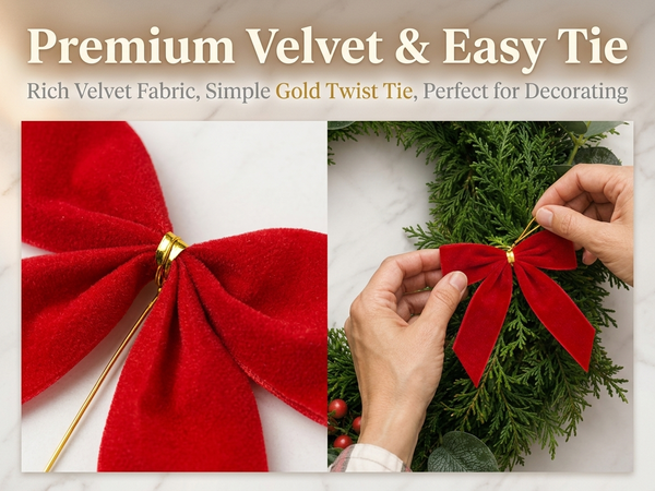 HASTHIP 24-Piece Red Velvet Christmas Bow Ornaments with Golden Tie Wires for Holiday Decorating