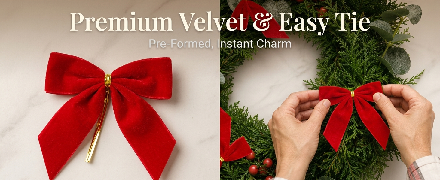 HASTHIP 24-Piece Red Velvet Christmas Bow Ornaments with Golden Tie Wires for Holiday Decorating