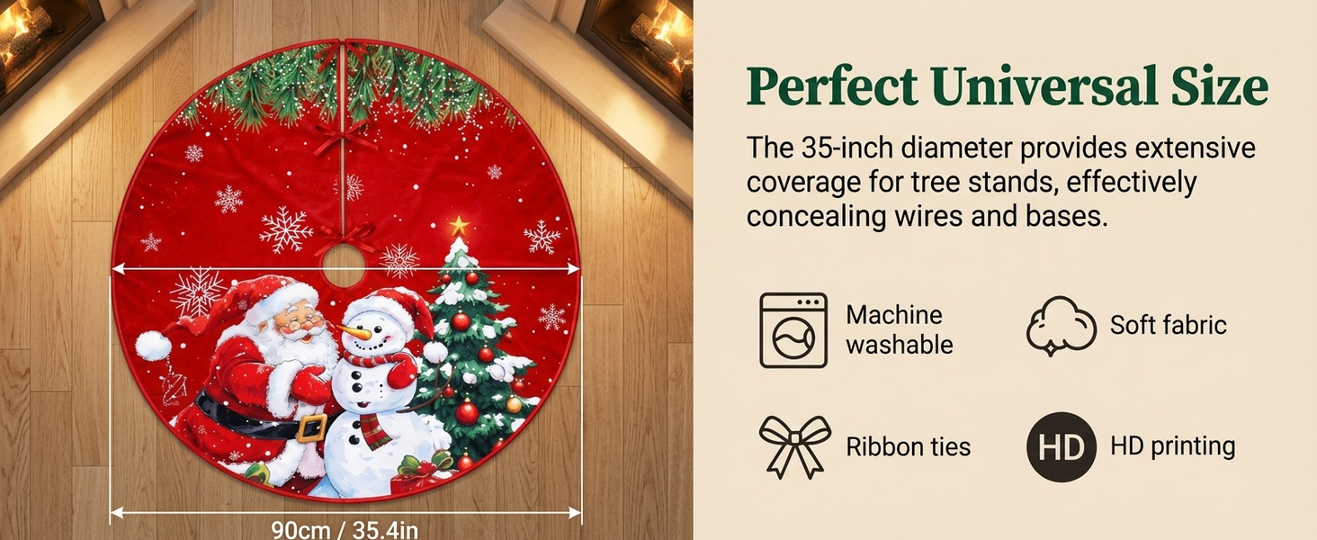 HASTHIP Christmas Tree Skirt, 35 Pulgadas (89 cm), Red Plush with Snowman and Snowflake Prints