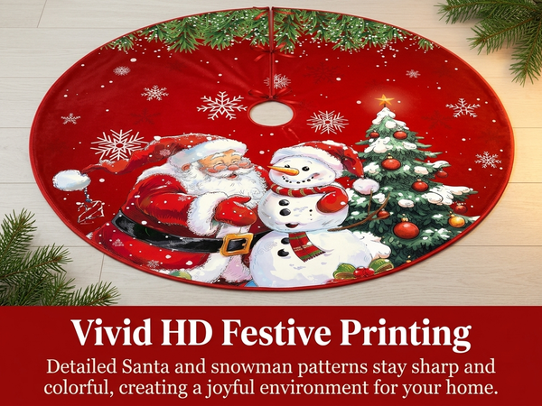 HASTHIP Christmas Tree Skirt, 35 Pulgadas (89 cm), Red Plush with Snowman and Snowflake Prints