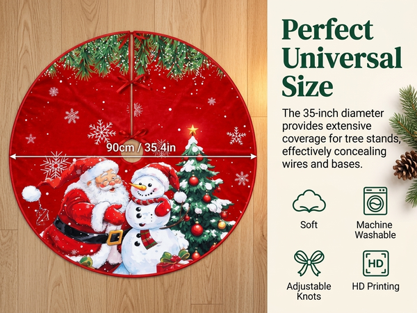 HASTHIP Christmas Tree Skirt, 35 Pulgadas (89 cm), Red Plush with Snowman and Snowflake Prints