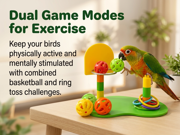 Qpets Interactive Bird Toy Basketball Hoop and Ring Toss Set with Adjustable Height for Small Parrots