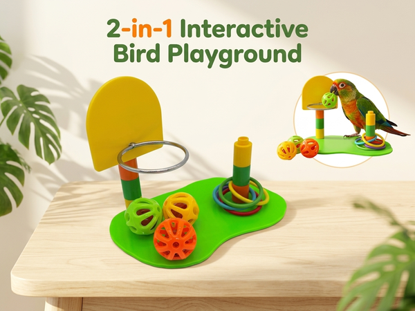 Qpets Interactive Bird Toy Basketball Hoop and Ring Toss Set with Adjustable Height for Small Parrots
