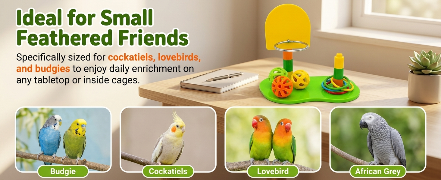 Qpets Interactive Bird Toy Basketball Hoop and Ring Toss Set with Adjustable Height for Small Parrots