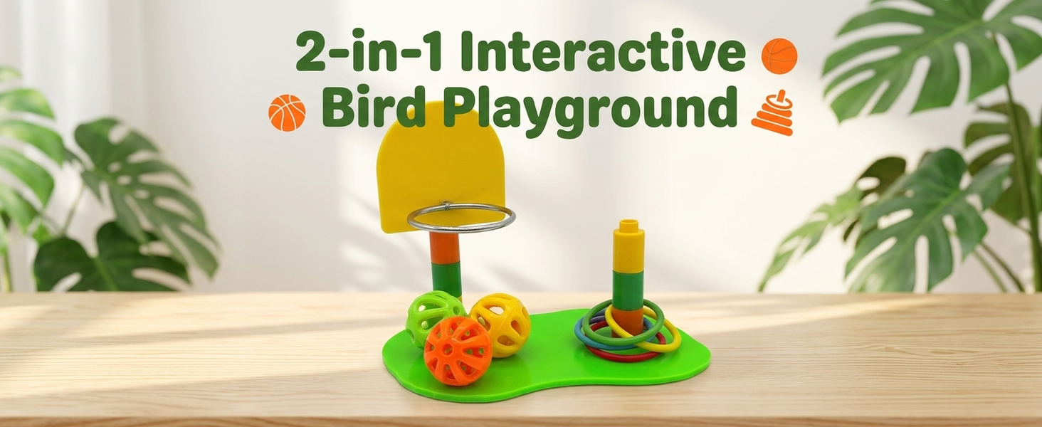 Qpets Interactive Bird Toy Basketball Hoop and Ring Toss Set with Adjustable Height for Small Parrots