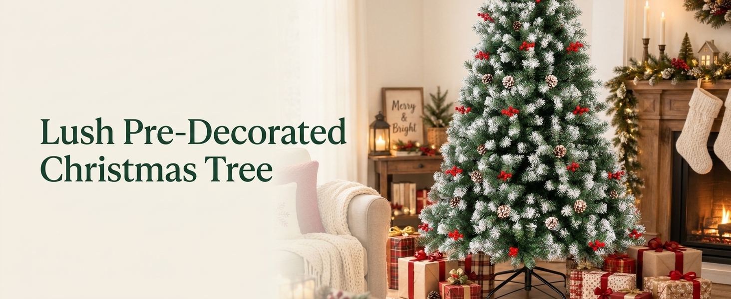 HASTHIP Pre-Decorated Artificial Christmas Tree with Berries, Pine Cones and 650 Branch Tips