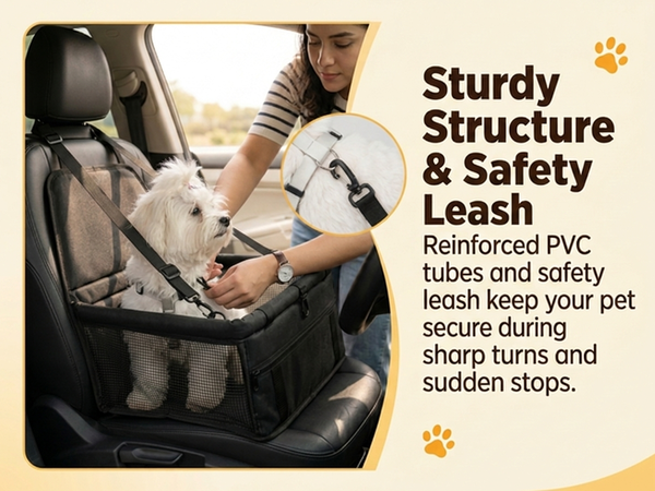 Qpets Foldable Dog Car Booster Seat with Mesh Sides, Safety Leash and Washable Oxford Fabric