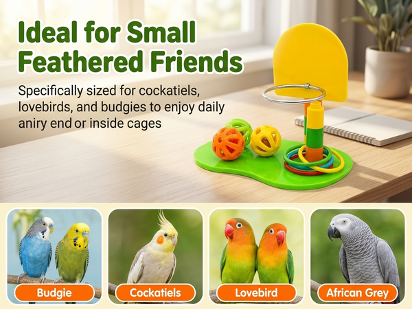 Qpets Interactive Bird Toy Basketball Hoop and Ring Toss Set with Adjustable Height for Small Parrots