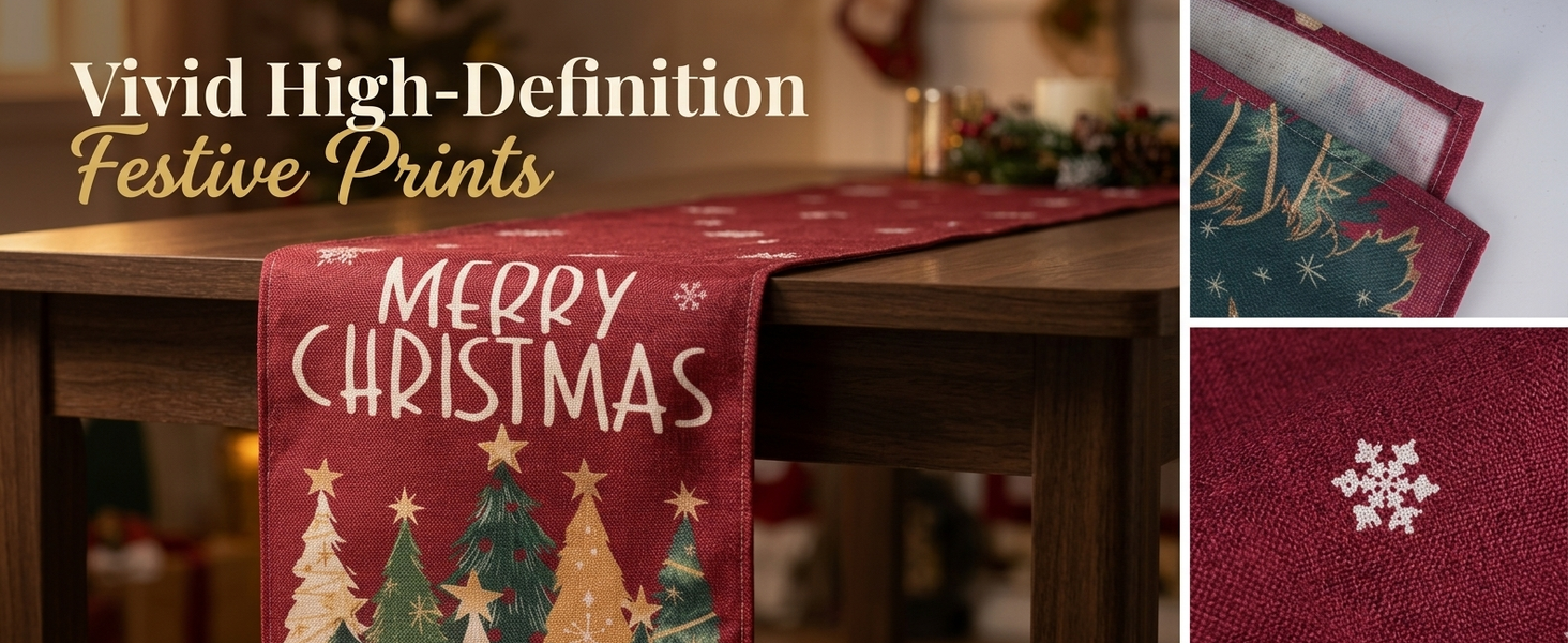 HASTHIP Christmas Table Runner with Red-and-Green Plaid, Snowflake Print and Slip-Resistant Linen Texture