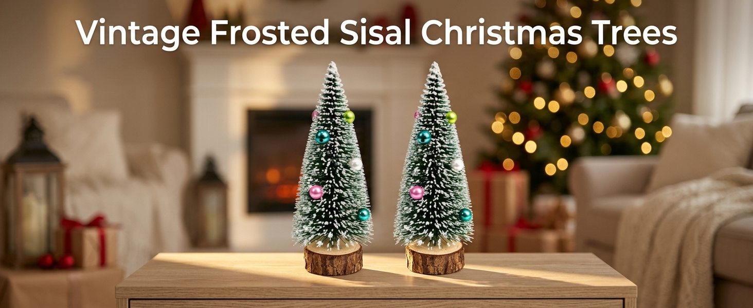HASTHIP 2-Piece 15cm Mini Christmas Trees with Frosted Sisal, Bead Ornaments and Wood Bases