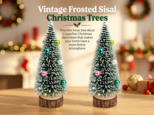 HASTHIP 2-Piece 15cm Mini Christmas Trees with Frosted Sisal, Bead Ornaments and Wood Bases