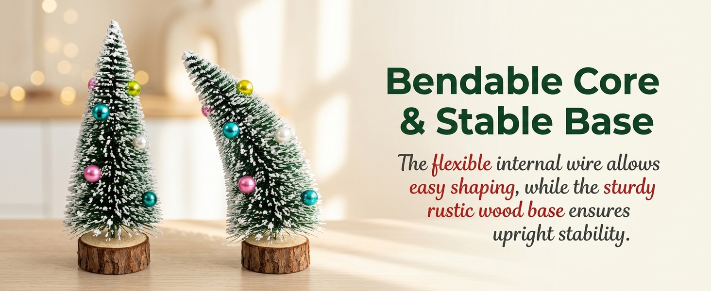 HASTHIP 2-Piece 15cm Mini Christmas Trees with Frosted Sisal, Bead Ornaments and Wood Bases