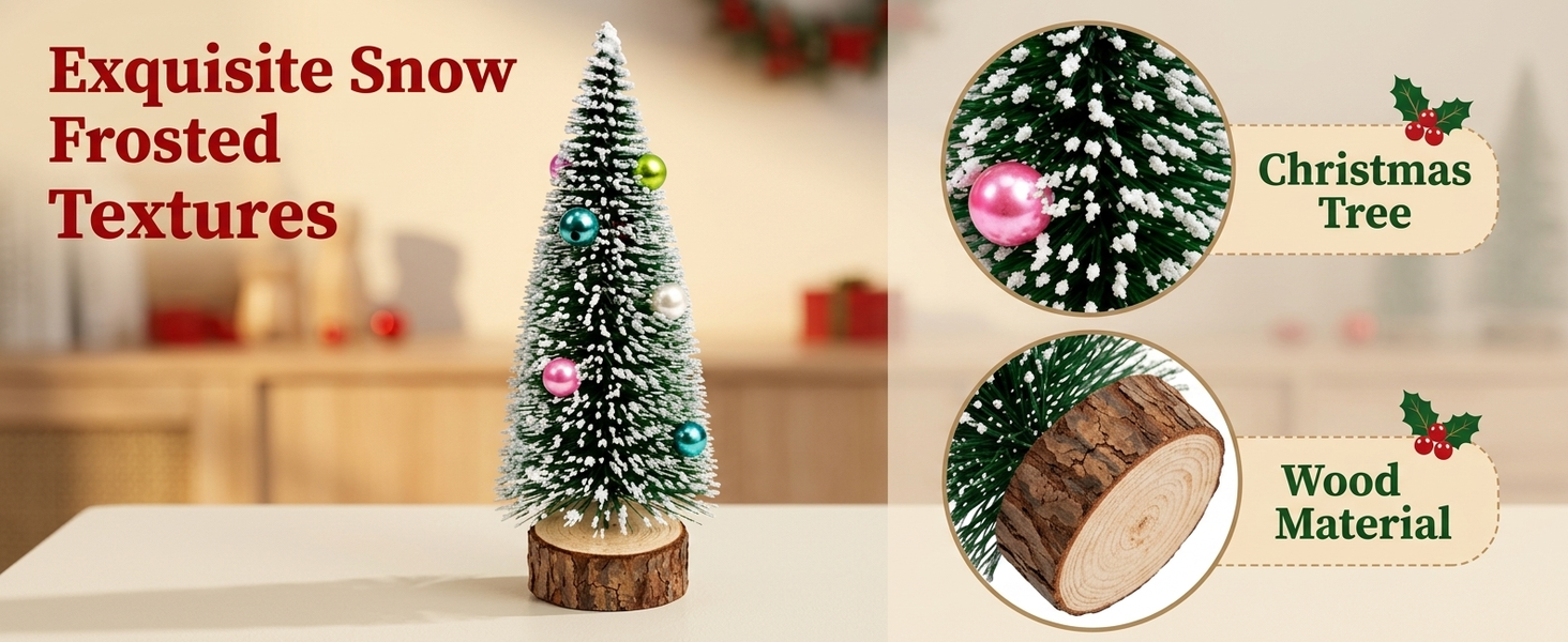 HASTHIP 2-Piece 15cm Mini Christmas Trees with Frosted Sisal, Bead Ornaments and Wood Bases