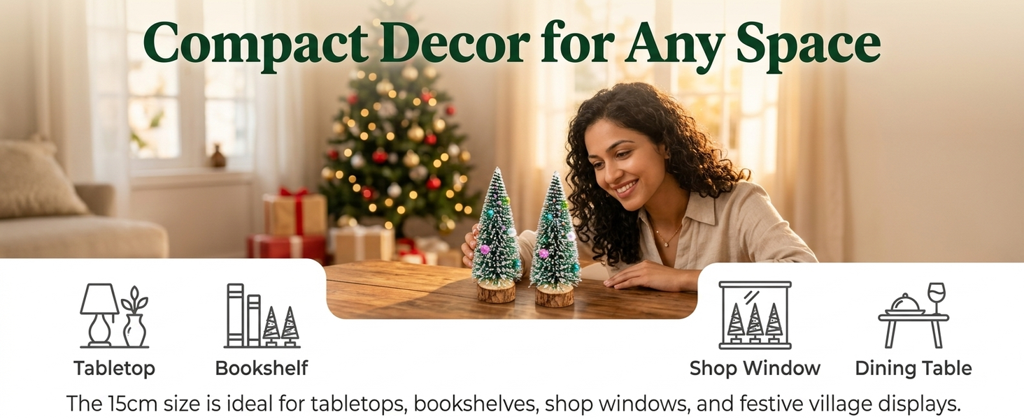 HASTHIP 2-Piece 15cm Mini Christmas Trees with Frosted Sisal, Bead Ornaments and Wood Bases