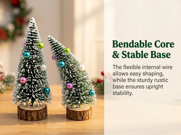 HASTHIP 2-Piece 15cm Mini Christmas Trees with Frosted Sisal, Bead Ornaments and Wood Bases