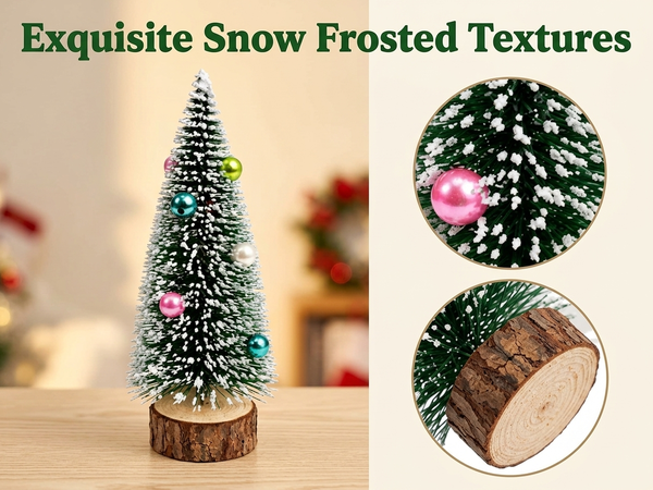 HASTHIP 2-Piece 15cm Mini Christmas Trees with Frosted Sisal, Bead Ornaments and Wood Bases