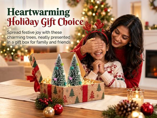 HASTHIP 2-Piece 15cm Mini Christmas Trees with Frosted Sisal, Bead Ornaments and Wood Bases