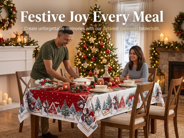 HASTHIP Christmas Tablecloth, 100D Polyester Snowman Pattern, 60 by 90 Inches, 6-Seater Fit