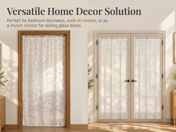 HASTHIP Self-Adhesive Lace Sheer Door Curtain, 100 by 240 cm, No-Drill Hook-and-Loop Mount
