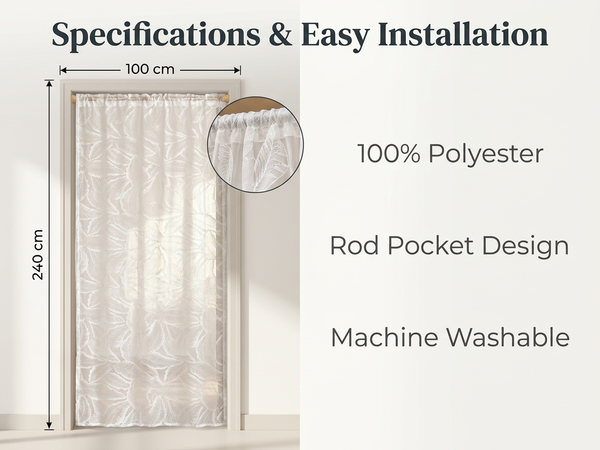 HASTHIP Self-Adhesive Lace Sheer Door Curtain, 100 by 240 cm, No-Drill Hook-and-Loop Mount
