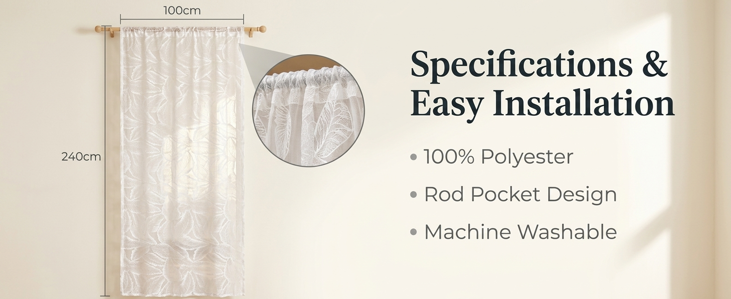 HASTHIP Self-Adhesive Lace Sheer Door Curtain, 100 by 240 cm, No-Drill Hook-and-Loop Mount
