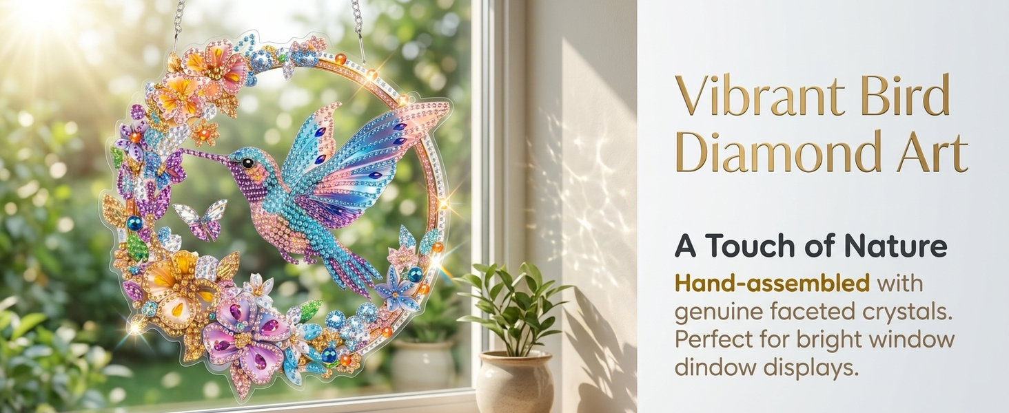 HASTHIP Bird Diamond Art DIY Suncatcher Pendant with Acrylic Board and Crystal Gems for Windows