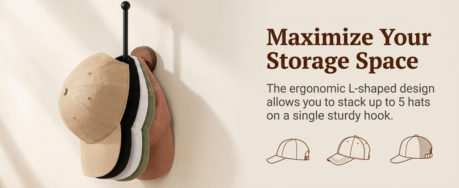 HASTHIP L-Shaped Wood and Metal Wall Hat Hooks with Hidden Screw Mounting for Caps and Hair Accessories