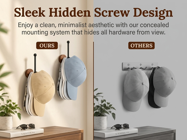 HASTHIP L-Shaped Wood and Metal Wall Hat Hooks with Hidden Screw Mounting for Caps and Hair Accessories