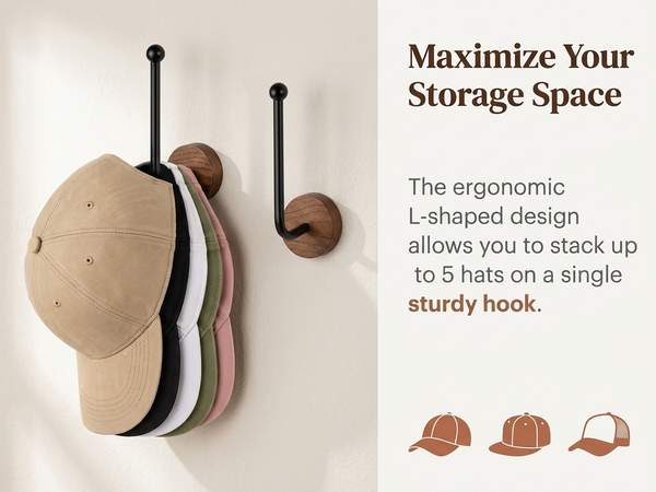 HASTHIP L-Shaped Wood and Metal Wall Hat Hooks with Hidden Screw Mounting for Caps and Hair Accessories