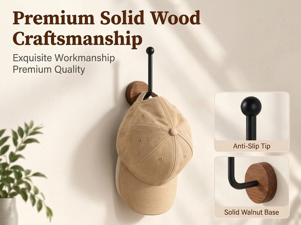 HASTHIP L-Shaped Wood and Metal Wall Hat Hooks with Hidden Screw Mounting for Caps and Hair Accessories