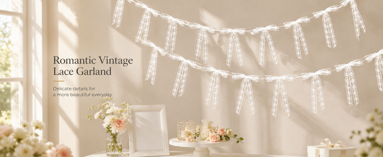 HASTHIP 2Pcs White Floral Lace Bow Garland Banners Hanging Decor with Removable Bows