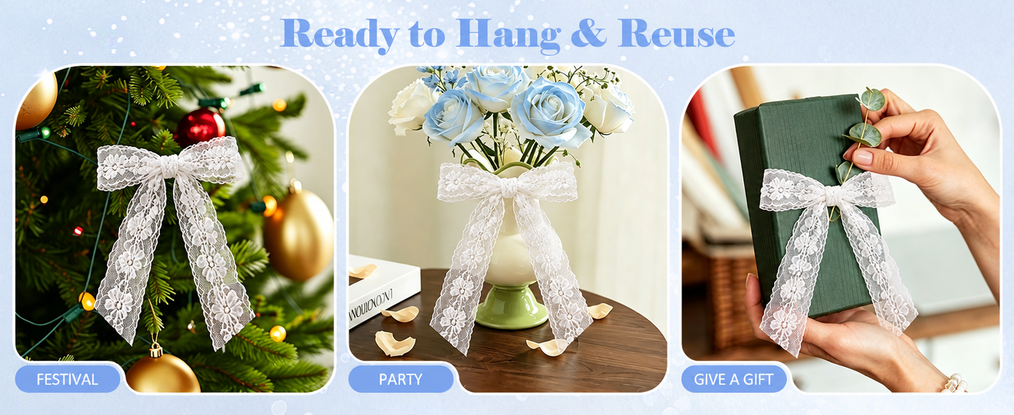 HASTHIP 2Pcs White Floral Lace Bow Garland Banners Hanging Decor with Removable Bows