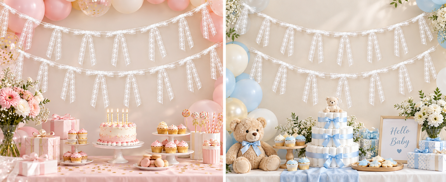 HASTHIP 2Pcs White Floral Lace Bow Garland Banners Hanging Decor with Removable Bows