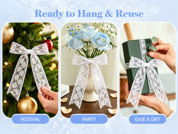 HASTHIP 2Pcs White Floral Lace Bow Garland Banners Hanging Decor with Removable Bows