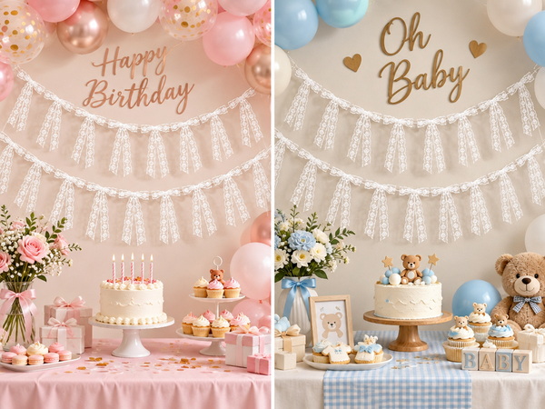 HASTHIP 2Pcs White Floral Lace Bow Garland Banners Hanging Decor with Removable Bows