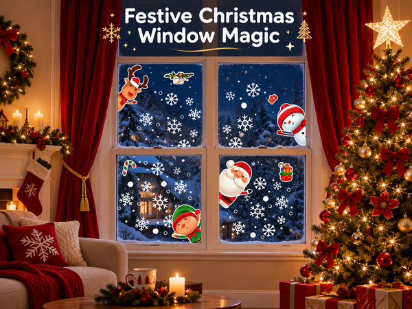 HASTHIP Christmas Window Clings, 4 Sheets with 46 Double-Sided Festive Decals for Smooth Glass