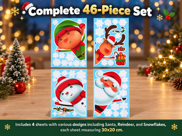 HASTHIP Christmas Window Clings, 4 Sheets with 46 Double-Sided Festive Decals for Smooth Glass