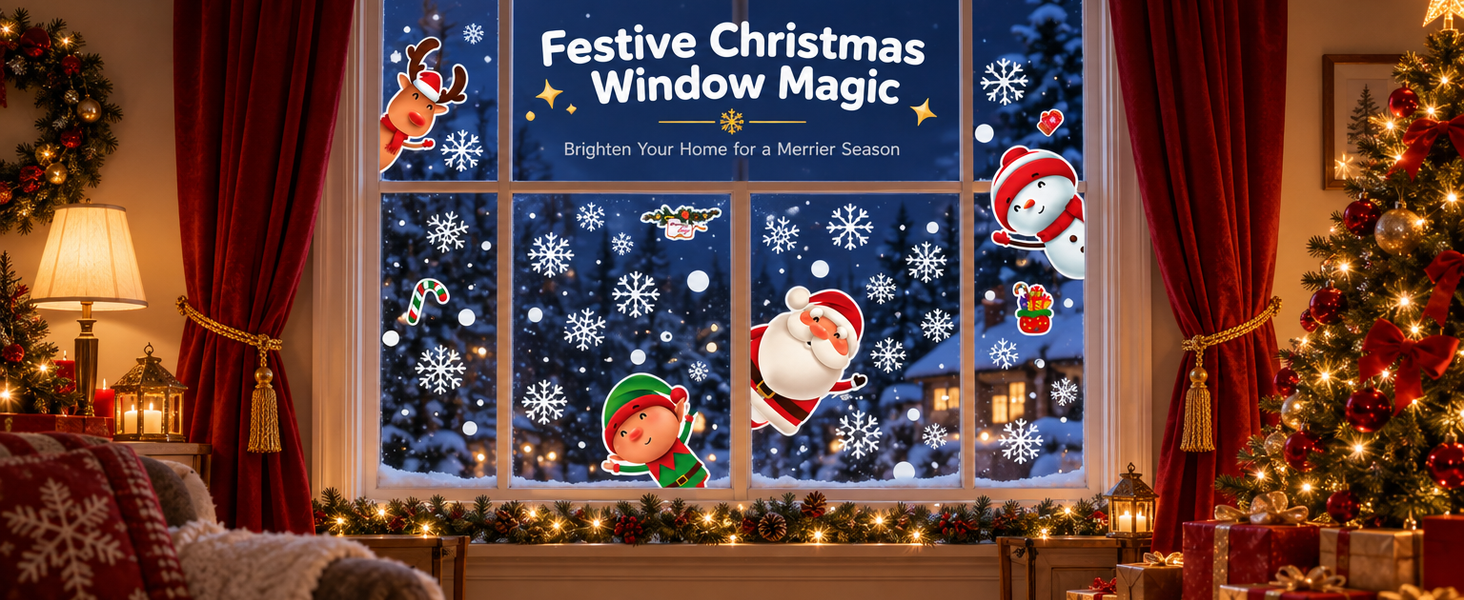 HASTHIP Christmas Window Clings, 4 Sheets with 46 Double-Sided Festive Decals for Smooth Glass