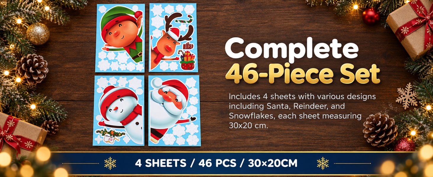 HASTHIP Christmas Window Clings, 4 Sheets with 46 Double-Sided Festive Decals for Smooth Glass