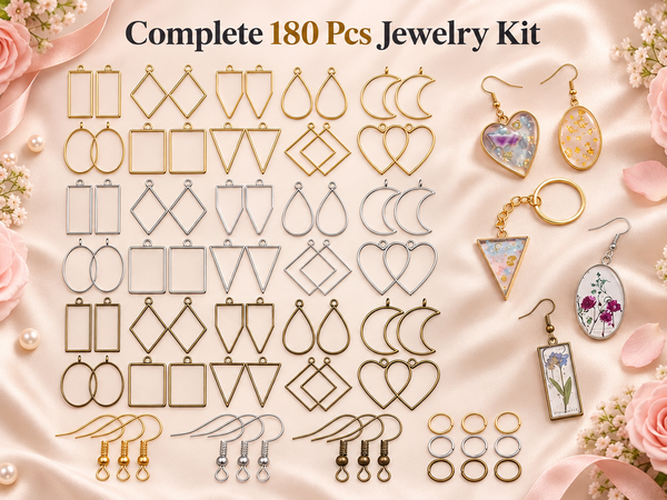 HASTHIP 180-Piece Open Bezel Resin Jewelry Kit with 10 Shapes, 3 Finishes and Earring Hooks