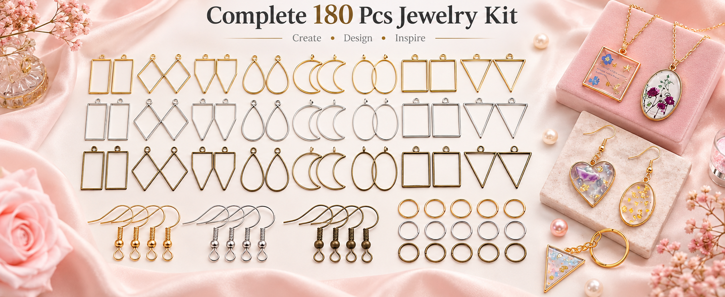 HASTHIP 180-Piece Open Bezel Resin Jewelry Kit with 10 Shapes, 3 Finishes and Earring Hooks