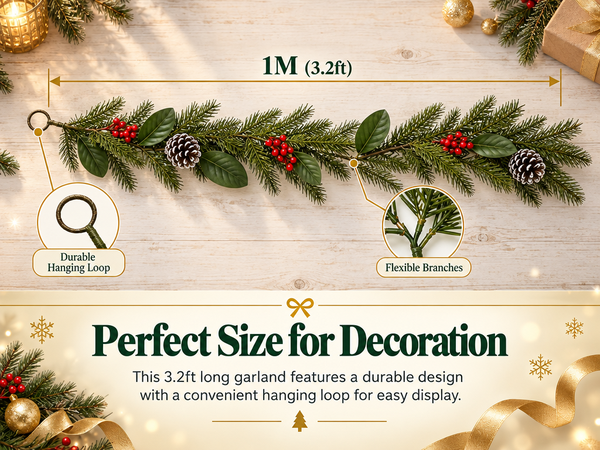 HASTHIP 3.2-Foot Artificial Christmas Garland with Red Berries, Pinecones and Bendable Wire Stem