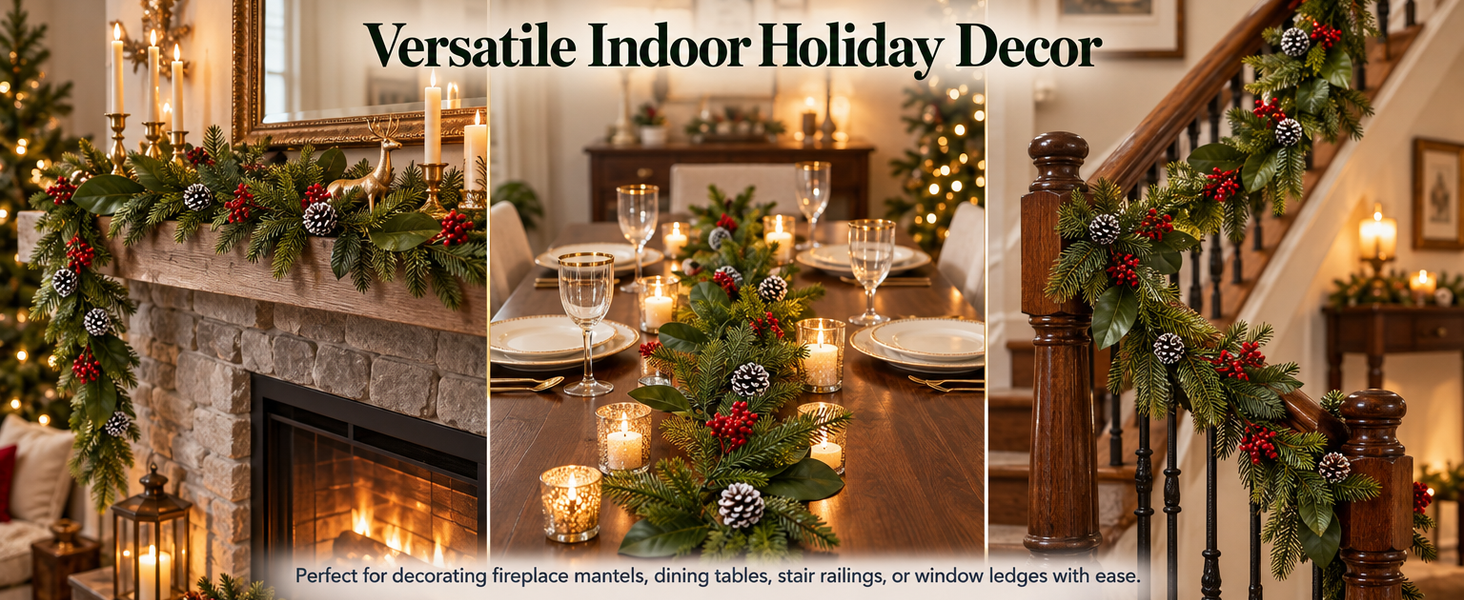 HASTHIP 3.2-Foot Artificial Christmas Garland with Red Berries, Pinecones and Bendable Wire Stem