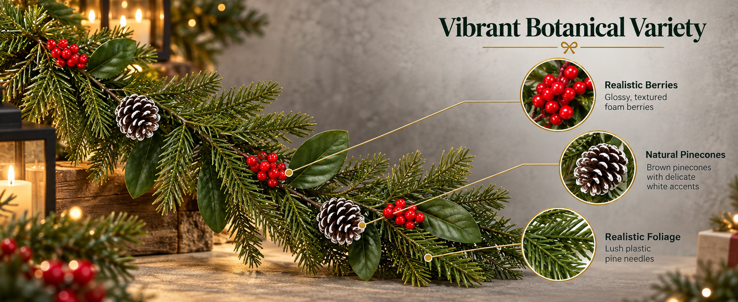 HASTHIP 3.2-Foot Artificial Christmas Garland with Red Berries, Pinecones and Bendable Wire Stem