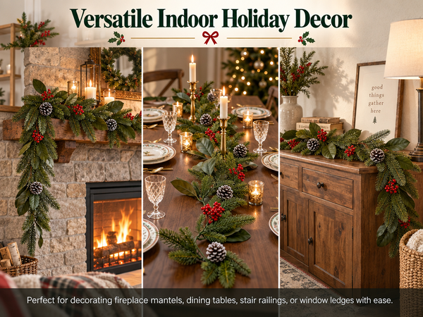 HASTHIP 3.2-Foot Artificial Christmas Garland with Red Berries, Pinecones and Bendable Wire Stem