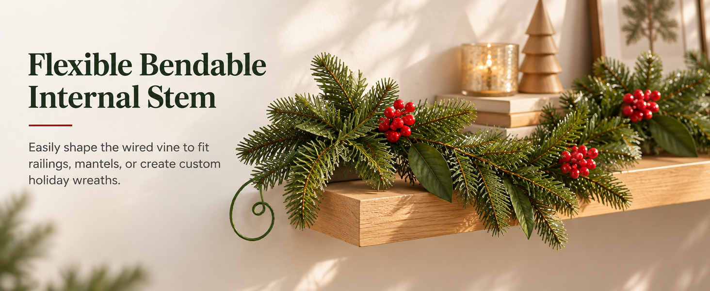 HASTHIP 3.2-Foot Artificial Christmas Garland with Red Berries, Pinecones and Bendable Wire Stem