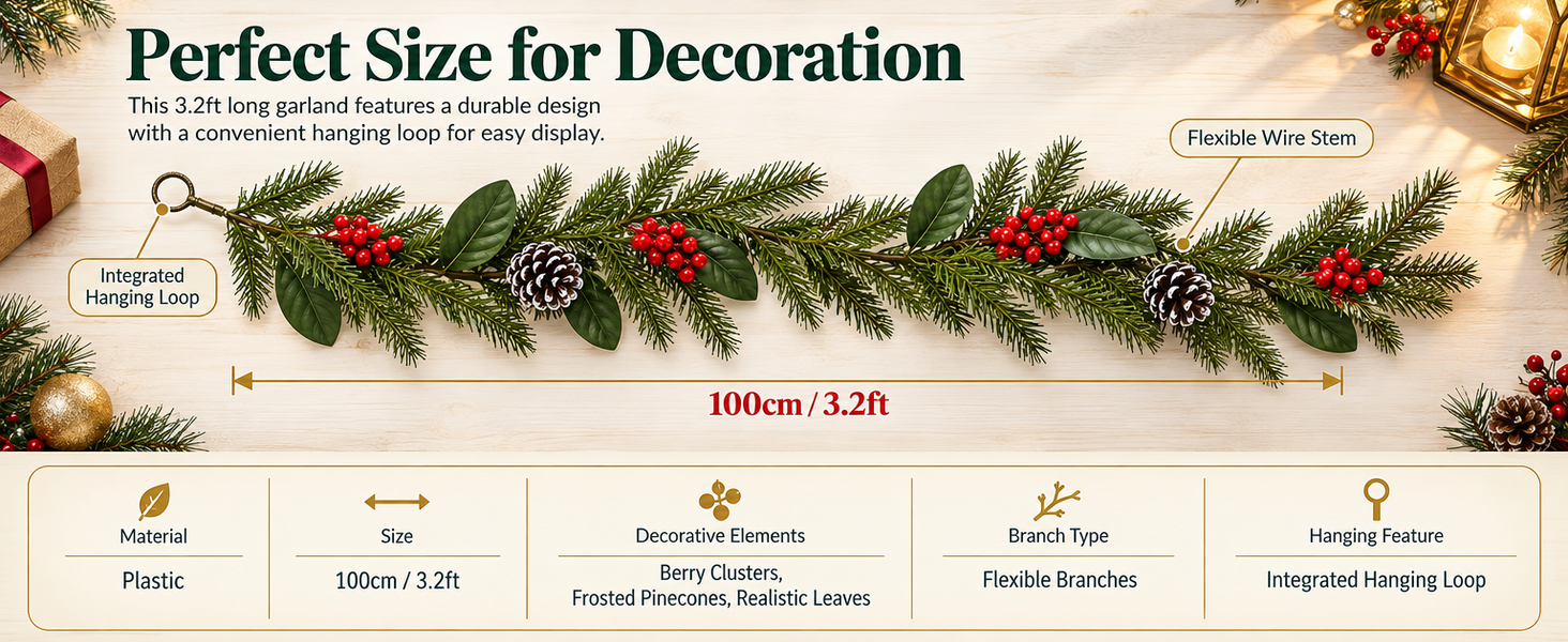 HASTHIP 3.2-Foot Artificial Christmas Garland with Red Berries, Pinecones and Bendable Wire Stem