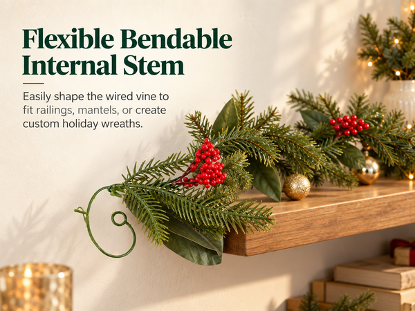 HASTHIP 3.2-Foot Artificial Christmas Garland with Red Berries, Pinecones and Bendable Wire Stem