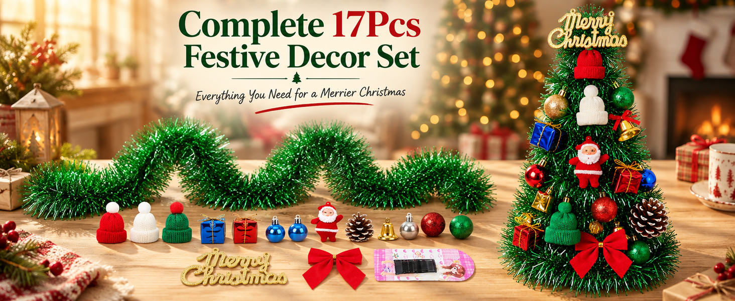HASTHIP 17-Piece Christmas Ornament Set with Red and Green Glitter and Shatterproof Plastic
