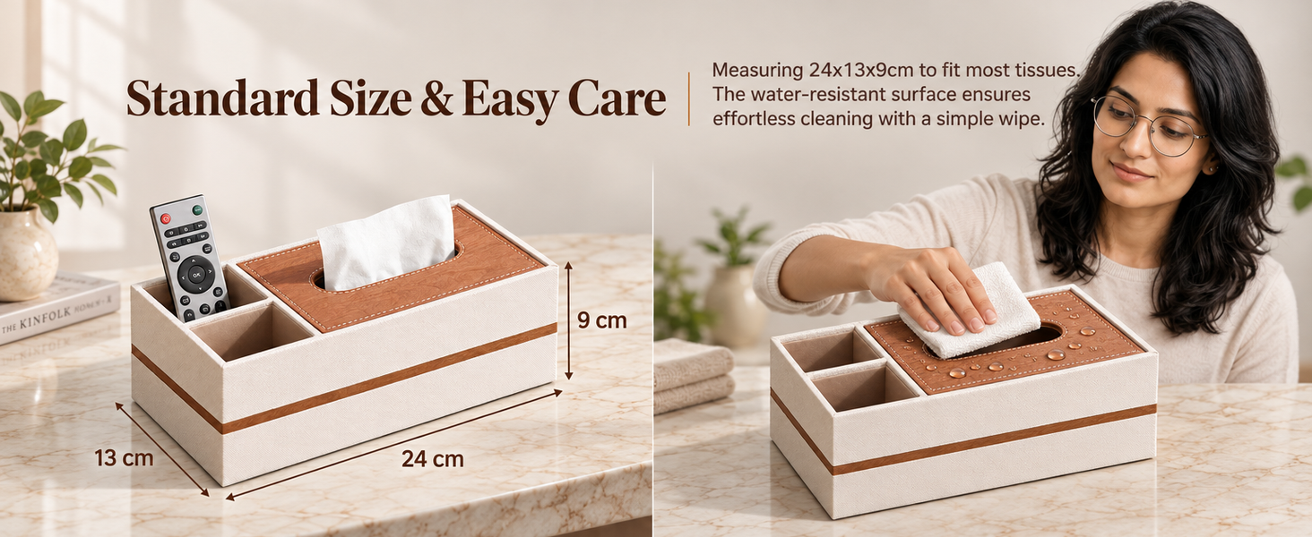 HASTHIP Rectangular PU Leather Tissue Box Cover with Remote Compartments, 9.4 x 5.1 x 3.5 Inches